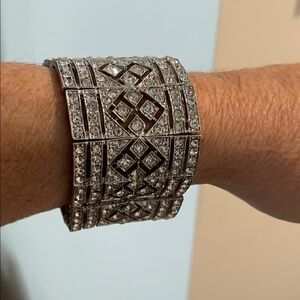 Silver Geometric Crystal Art Deco Cuff Stretch Bracelet